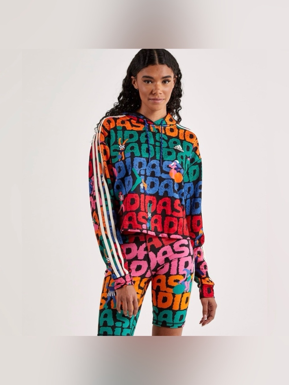 Adidas x FARM Rio S Multicolor Graphic Logo Crop Hoodie 3 Stripes Sweatshirt Y2K